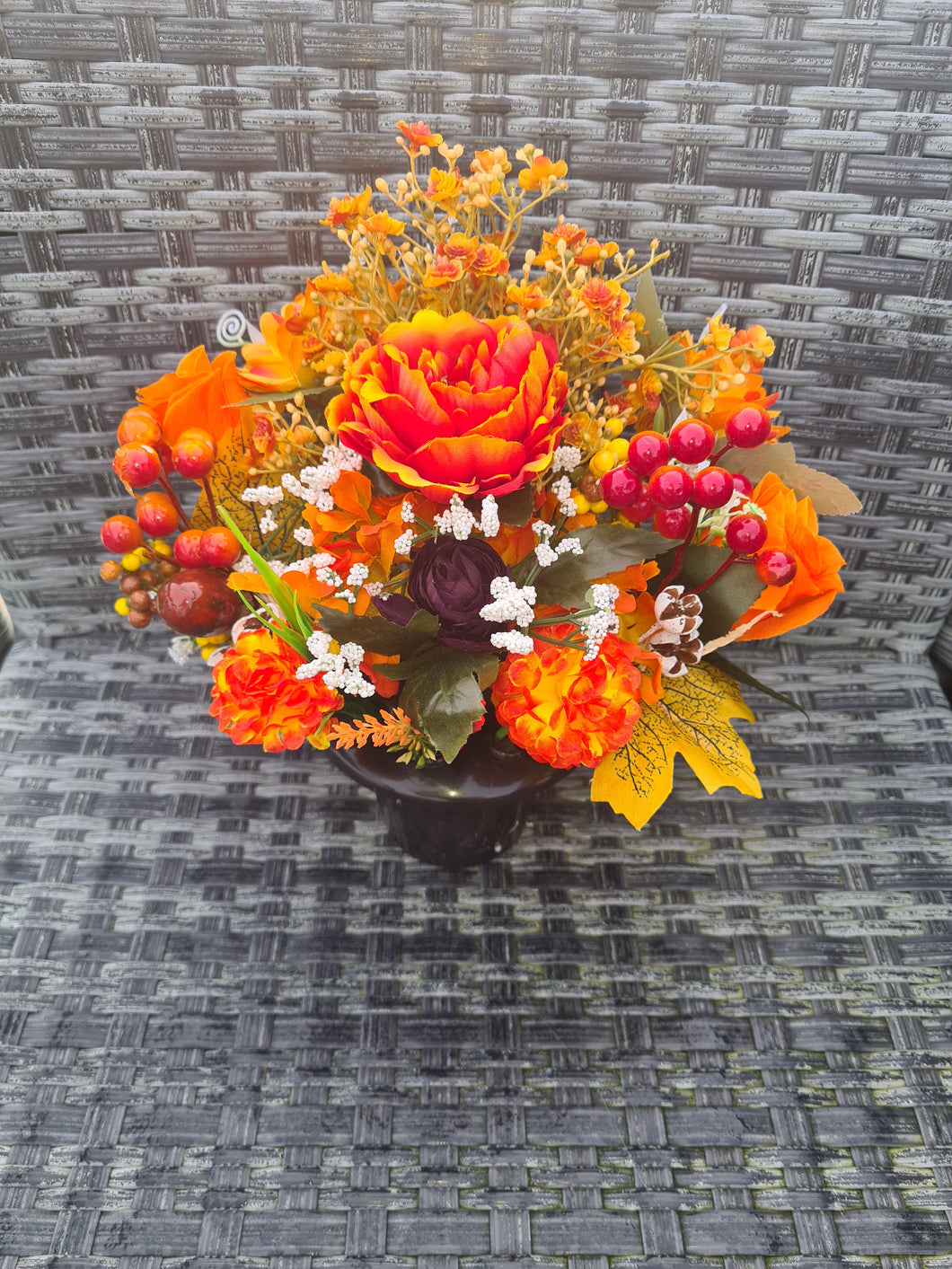 Autumn Memorial Faux Flower Display Orange Grave Pot