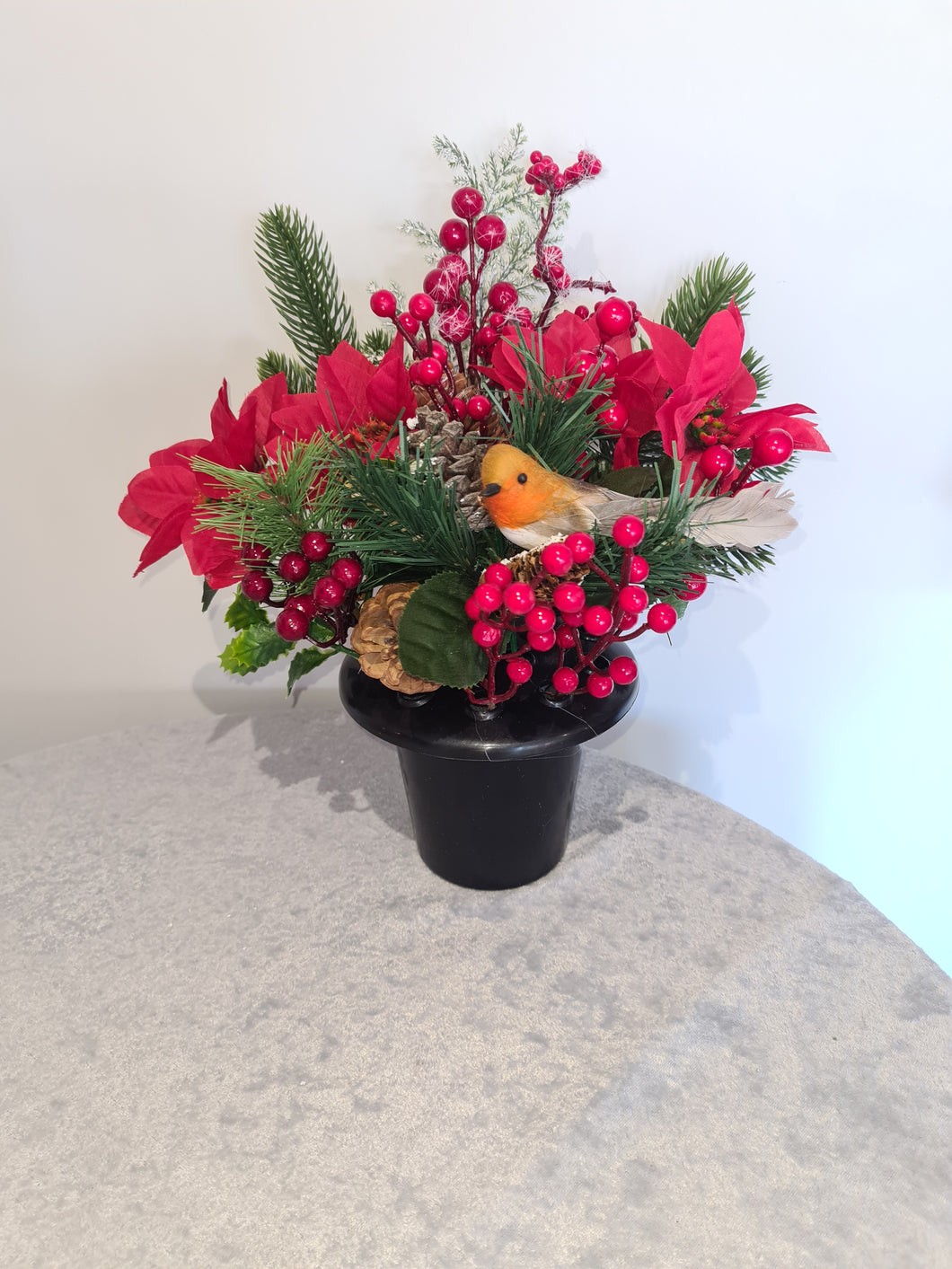 Artificial Poinsettia and Robin Christmas Memorial Grave Pot