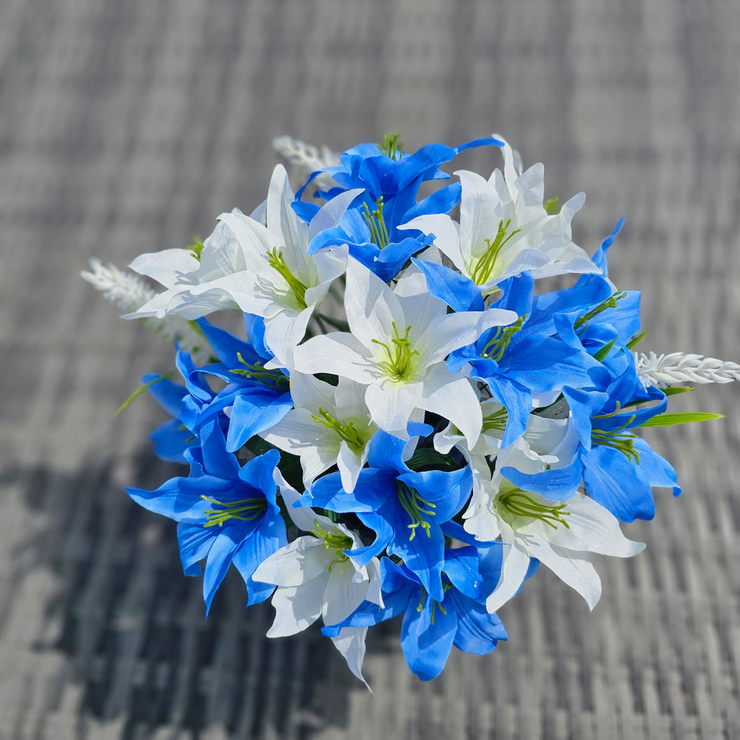 Blue and White Lily Memorial Pot / Scottish Saltire Grave Pot