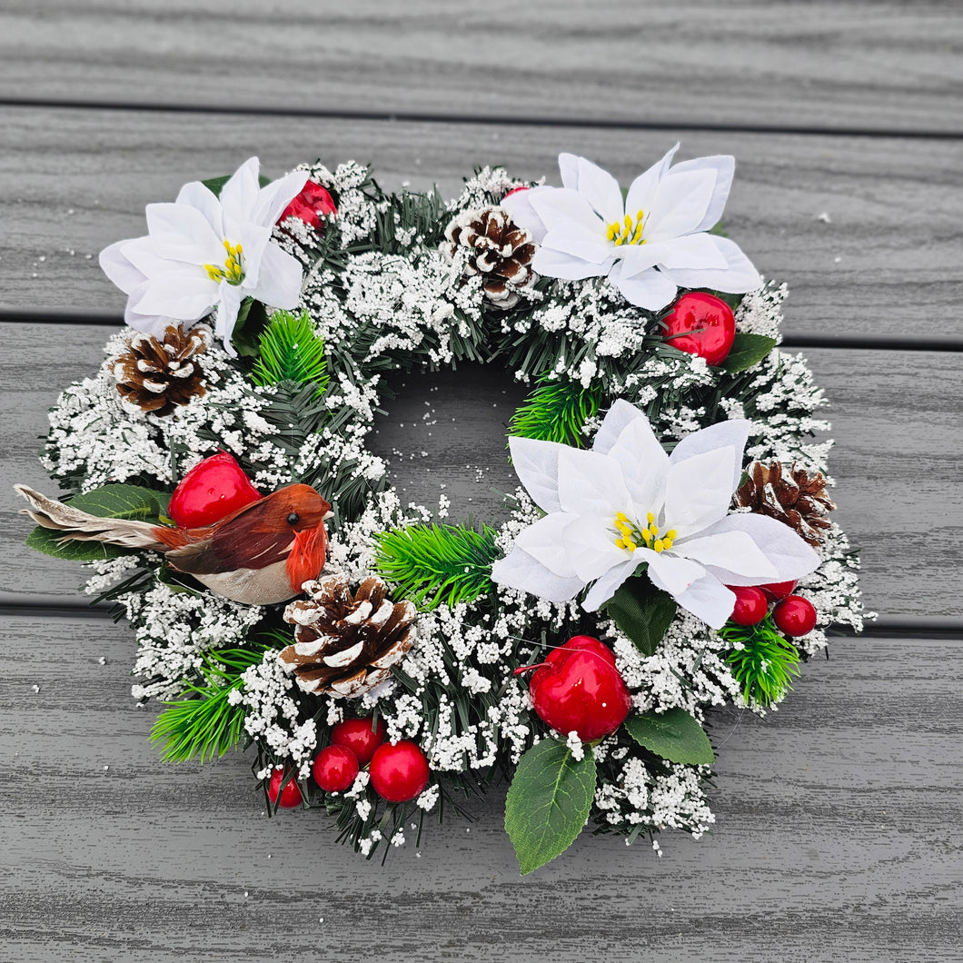 30cm White Poinsettia and Robin Wreath