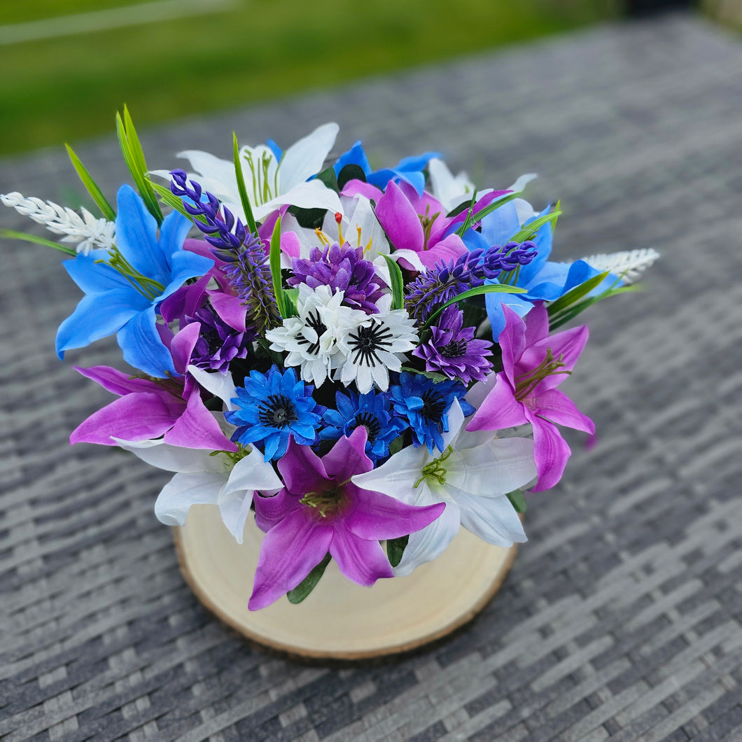 Silk Lily Memorial Grave Pot . Lily and Cornflower Grave Pot