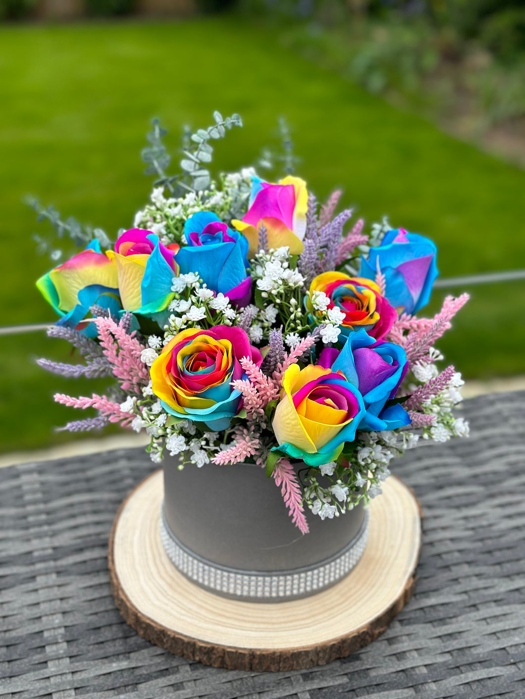 Rainbow Rose Diamante Grey Hatbox