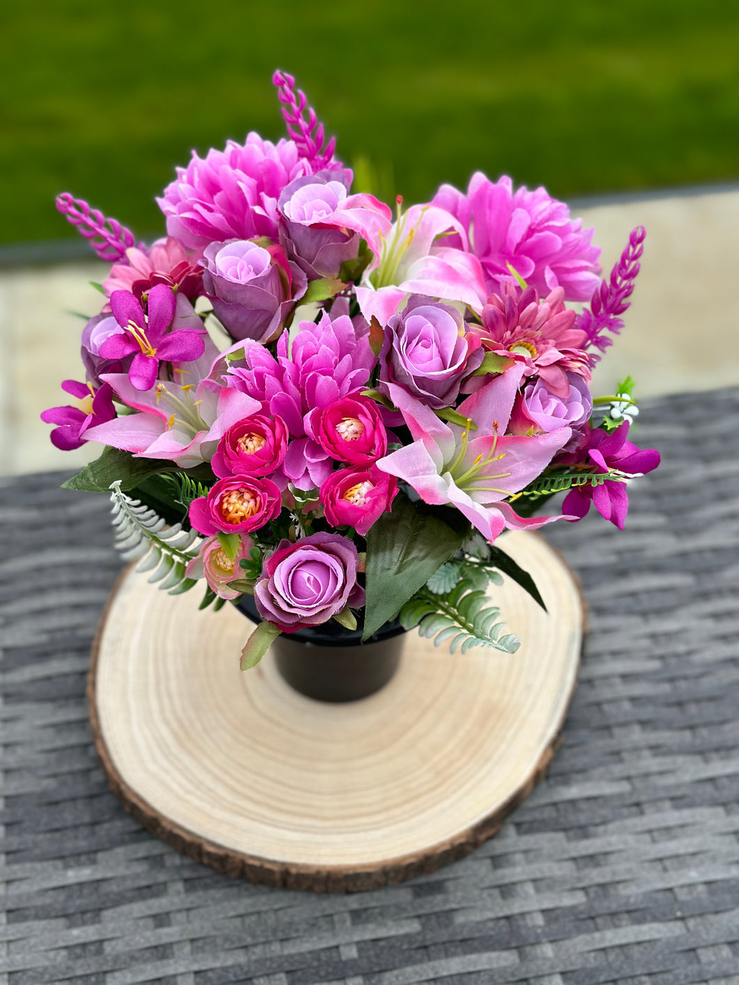 Mixed Pink Silk Floral Memorial Grave Pot / Cemetery Flowers