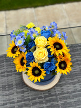 Load image into Gallery viewer, Blue Hatbox with Faux Sunflowers and Roses
