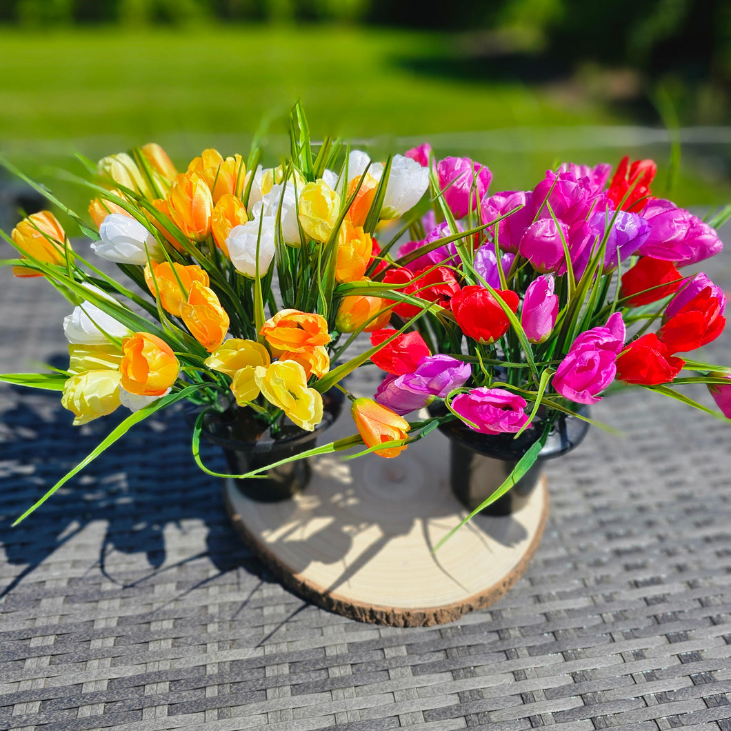 Two Faux Flower Grave Pots