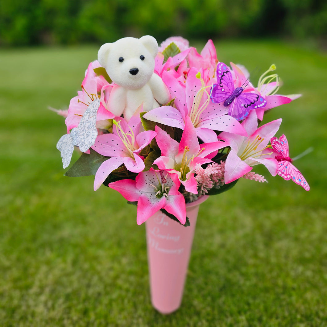 Pink Spiked Vase Silk Lily and Teddy Memorial Spiked Vase